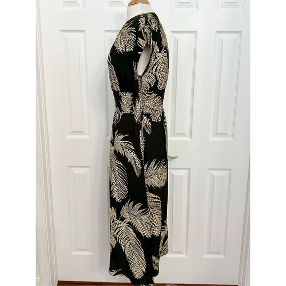 Reiss Colby Khaki Green Tan Tropical Palm Print Smocked Waist Midi Dress 2 - Picture 2 of 7
